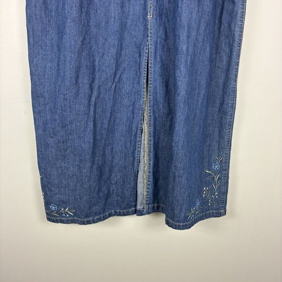 Vintage Denim Maxi Skirt Sz 14 L Embroidered Florals Modest Prairie Liz Claiborn - Picture 7 of 9